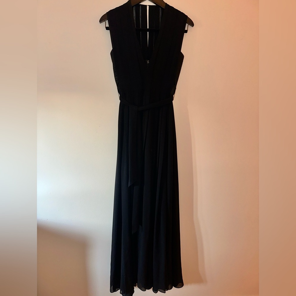 L’AGENCE black pleated chiffon evening maxi dress, size 0, belted sheer overlay